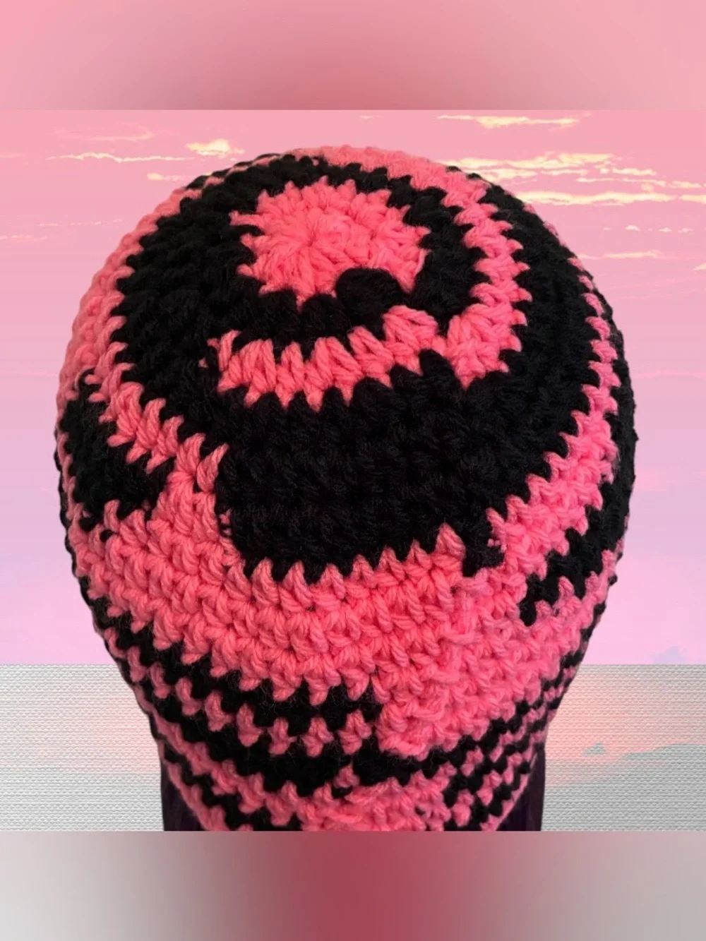 Handmade Black & Pink Crochet Beanie - Women’s Winter Hat